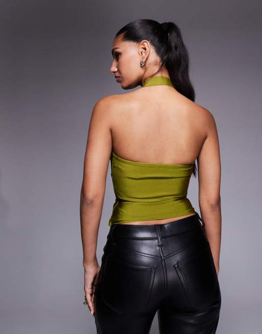 ASOS DESIGN bandage halter neck top with scoop detail in green, 3 of 4