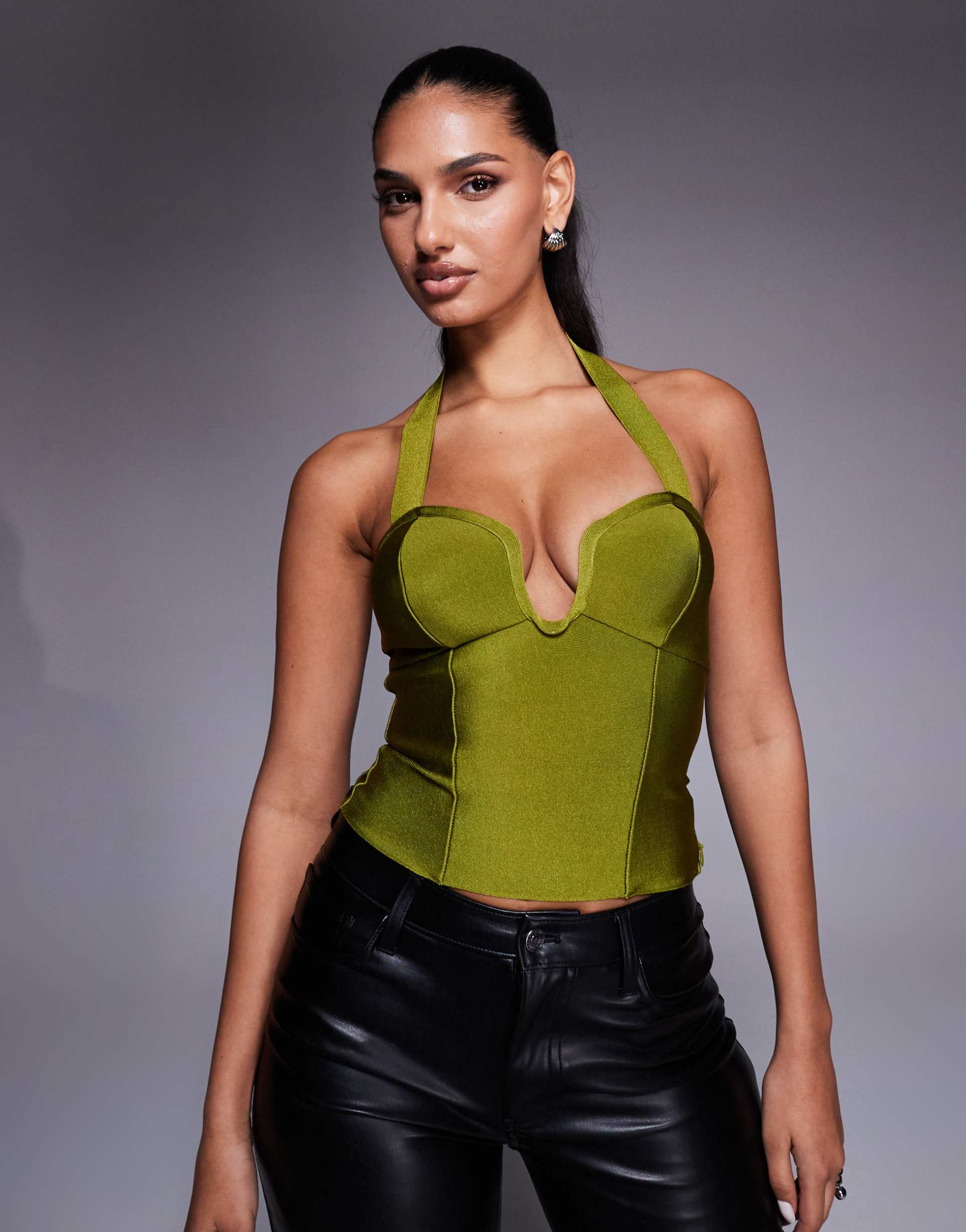 asos design bandage halter neck top with scoop neckline detail in green