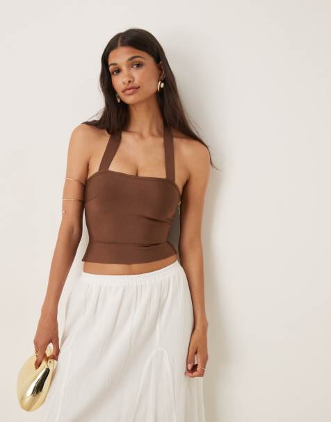 ASOS DESIGN bandage halter strap top in brown - view 1