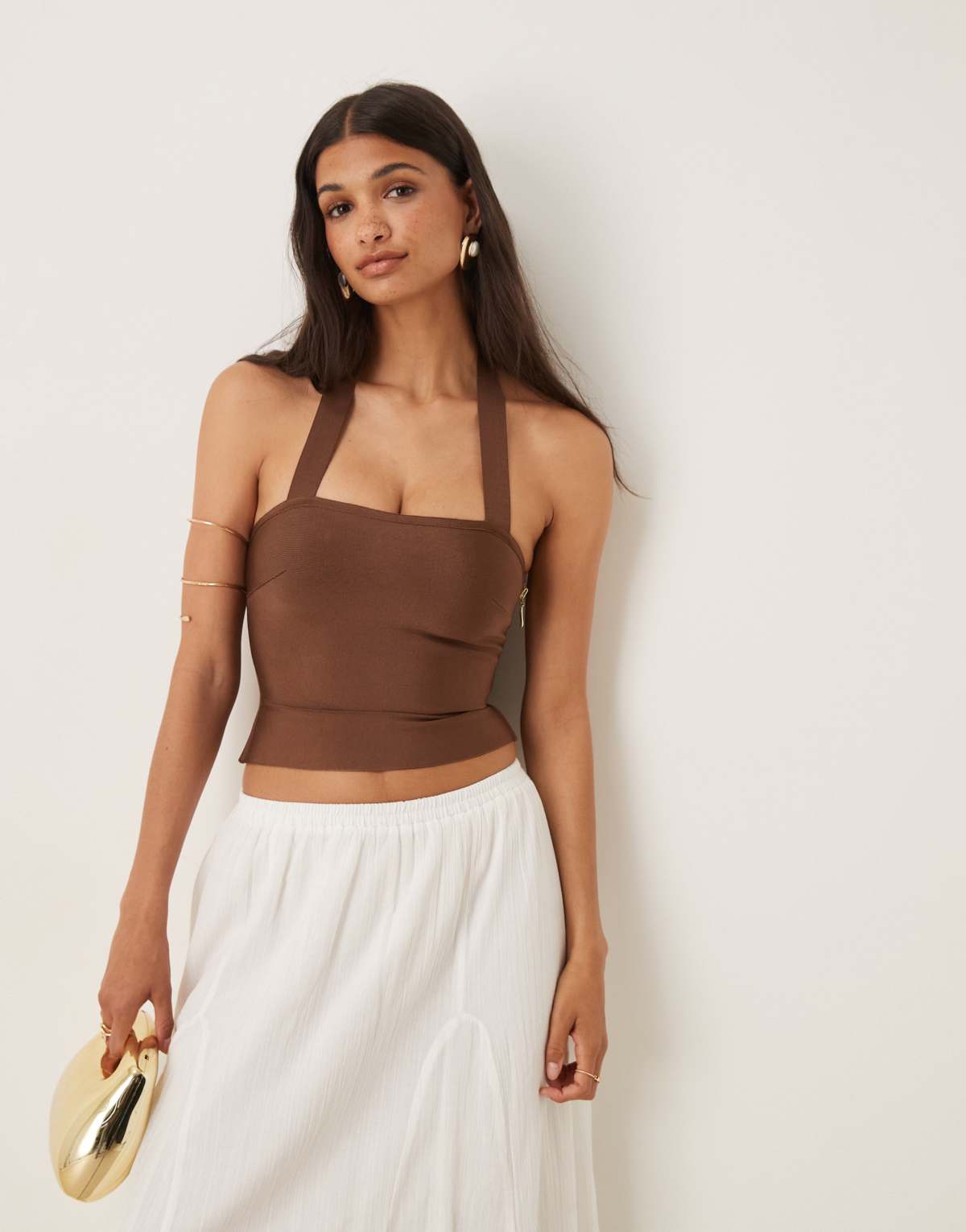 ASOS DESIGN bandage halter strap top in brown