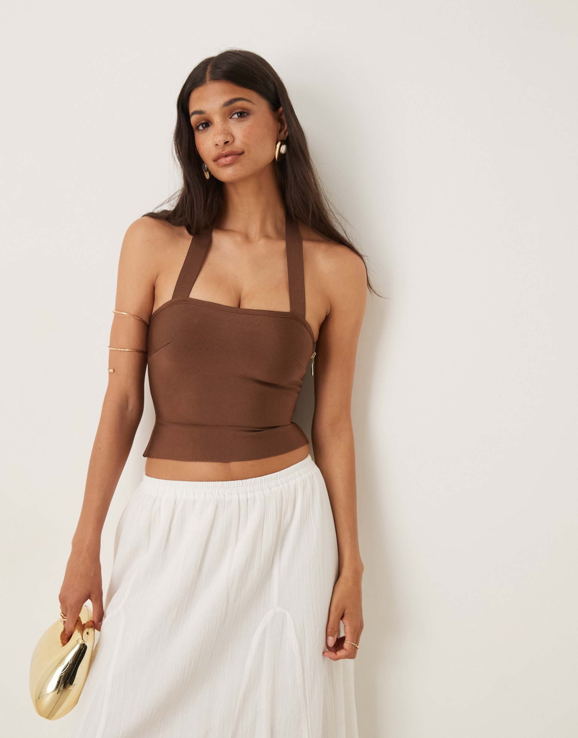 asos design bandage halter strap top in brown