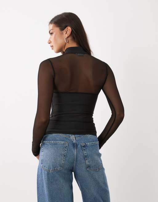 ASOS DESIGN bandage & mesh mix long sleeve top with mandarin inspired collar & trim in black, 4 of 4