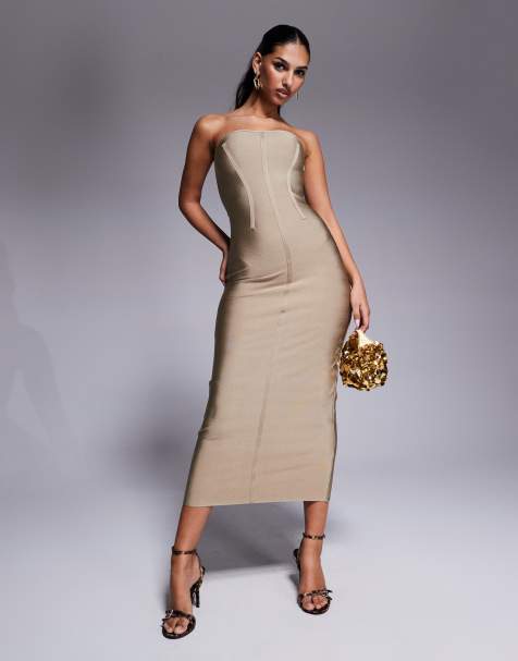 ASOS DESIGN - Bandage midi jurk met siernaden in beige - view 1