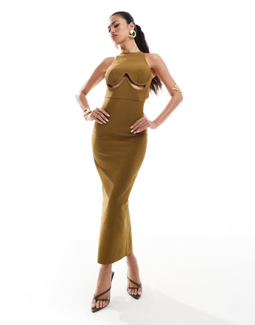 ASOS DESIGN - Bandage midi jurk met uitsnijding onder de buste en racerdetail in brons