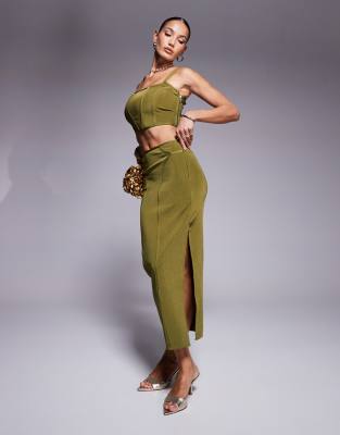 bandage midi skirt with seams in olive - part of a set-Green