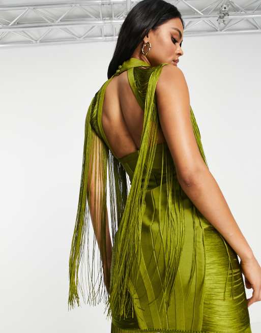 ASOS DESIGN bandage mini dress with fringe detail in khaki, 3 of 4
