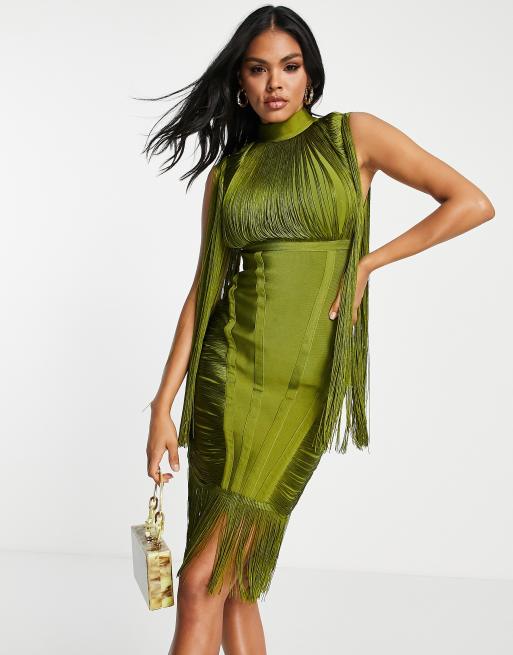 ASOS DESIGN - Bandage-minikjole med frynser i khaki, 2 af 4