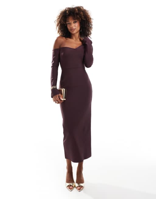 ASOS Design Bandage Off Shoulder Long Sleeve Midi Dress in plum Purple