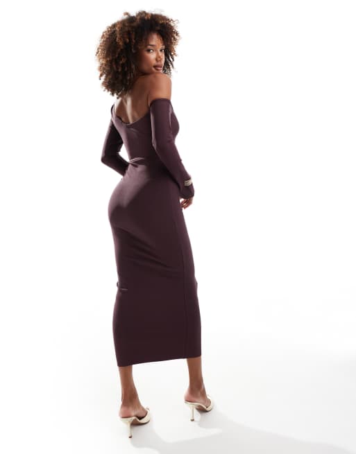 ASOS DESIGN bandage off shoulder long sleeve midi dress in plum ASOS