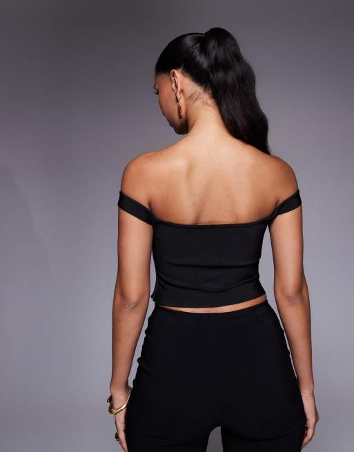 ASOS DESIGN bandage off shoulder top with asymmetric hem in black