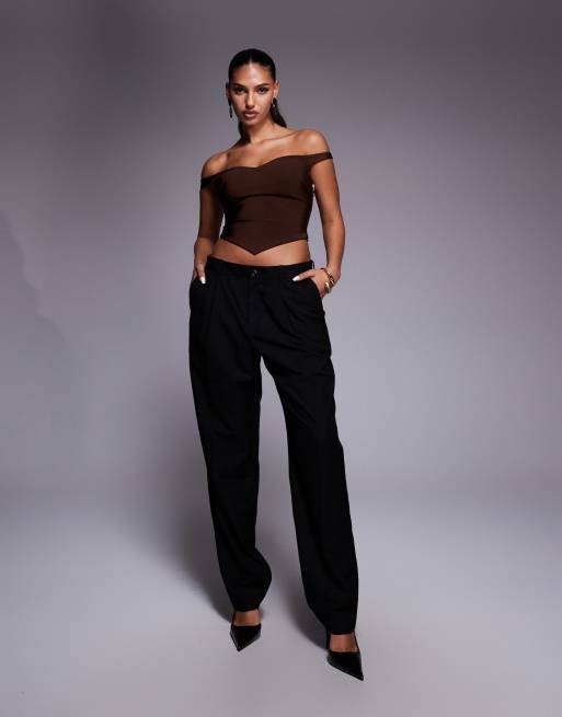 ASOS DESIGN bandage off shoulder top with asymmetric hem in chocolate, 2 of 4