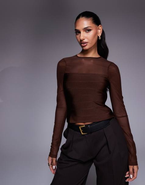 ASOS DESIGN bandage panel mesh long sleeve top in chocolate