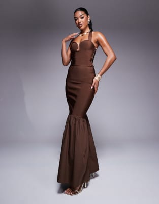 bandage peplum maxi skirt in chocolate - part of a set-Brown