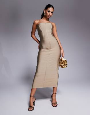 Asos Design Bandage Seam Detail Midi Dress In Stone-neutral
