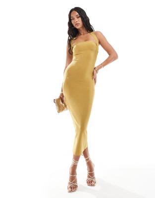 asos design bandage square neck halter midi dress in gold