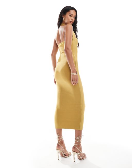 ASOS DESIGN bandage square neck halter midi dress in gold