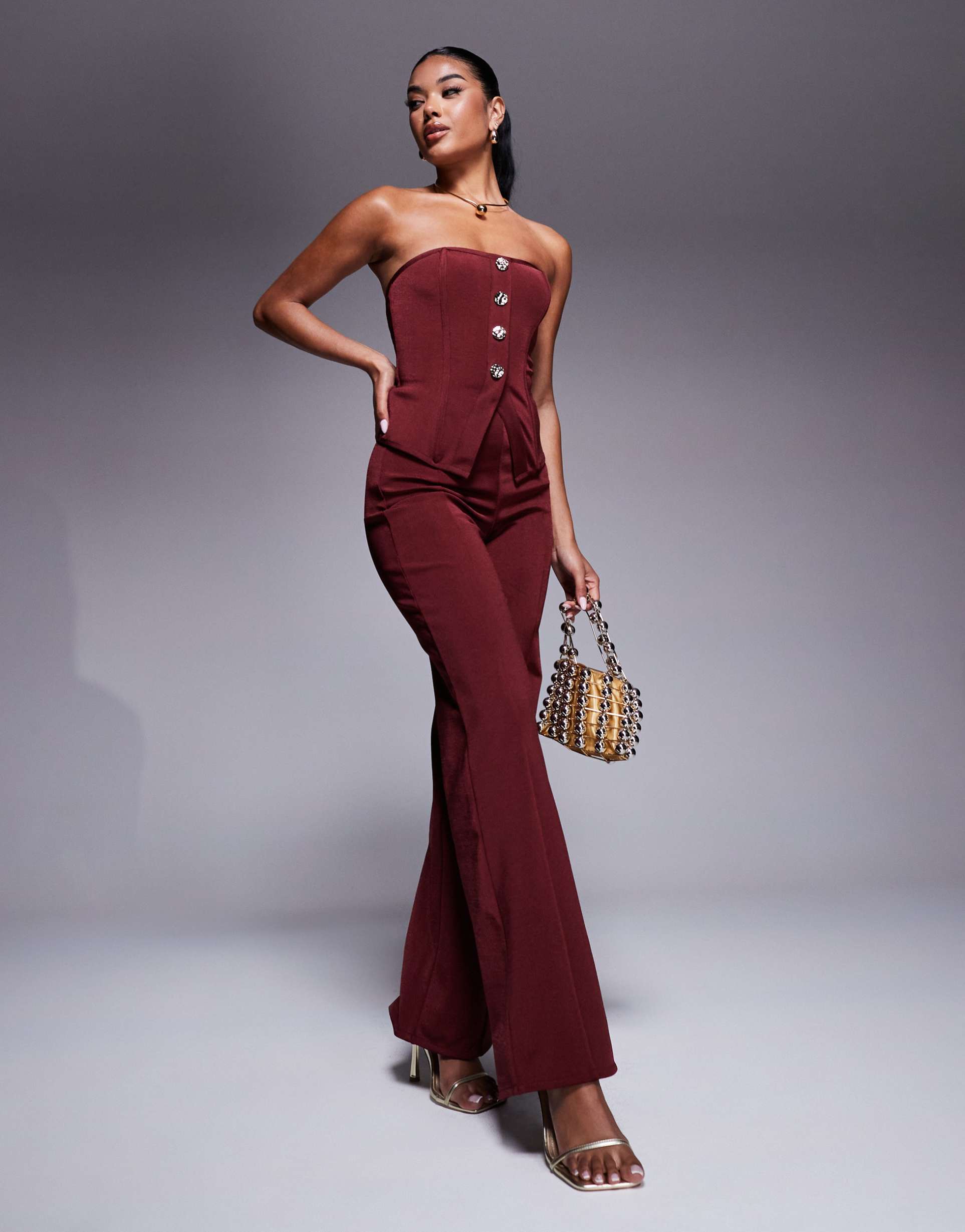 asos design bandage straight leg pants in burgundy - part of a set