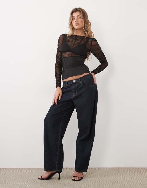 ASOS DESIGN bandage top with ruched mesh long sleeves in black, 3 of 4