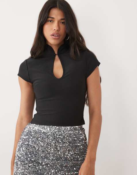 ASOS DESIGN bandage topp med hög krage och utskurna detaljer med hake och bygel i svart - view 1