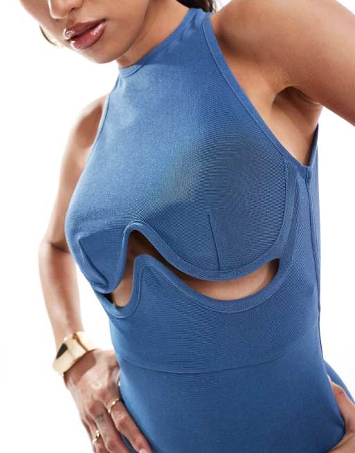 ASOS DESIGN bandage under bust cut out detail racer midi dress in petrol  blue | ASOS