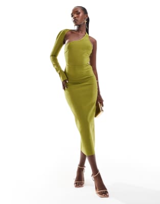 bandage wrap around neckline one sleeve midi dress in green