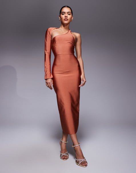 ASOS DESIGN bandage wrap around neckline one sleeve midi dress in rust - view 1
