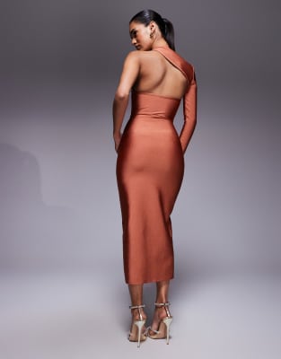 Asos Design Bandage Wrap Around Neckline One Sleeve Midi Dress In Brown
