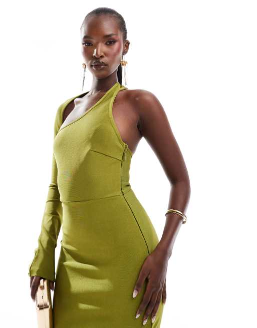 ASOS DESIGN – Bandagen-Midikleid in Grün mit einem Ärmeln und Wickel-Ausschnitt, 2 von 4