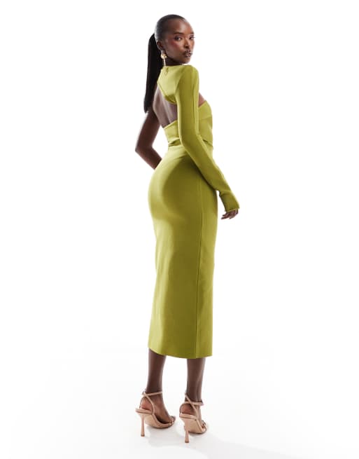 ASOS DESIGN – Bandagen-Midikleid in Grün mit einem Ärmeln und Wickel-Ausschnitt, 3 von 4