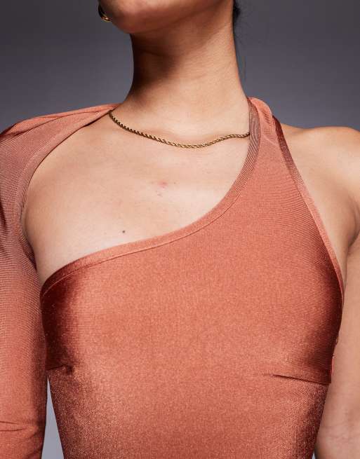 ASOS DESIGN – Bandagen-Midikleid in Rostrot mit einem Ärmel und Wickel-Ausschnitt, 3 von 4
