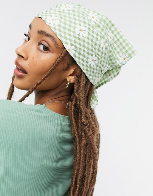 ASOS DESIGN bandana headscarf in gingham daisy print in green