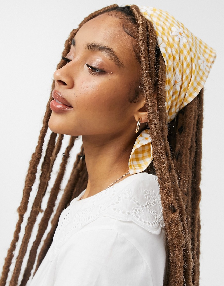 ASOS DESIGN bandana headscarf in gingham daisy print in mustard-Yellow