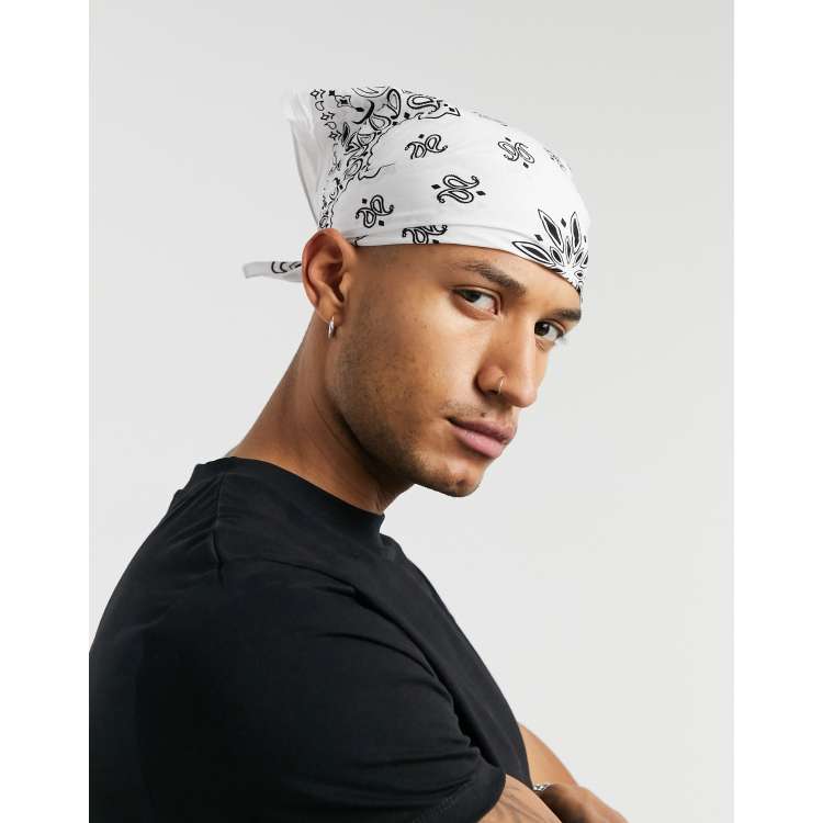 ASOS DESIGN - Bandana in cotone bianca con stampa cachemire nera