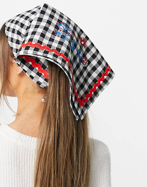 ASOS DESIGN bandana in gingham with embroidery and ricrac detail