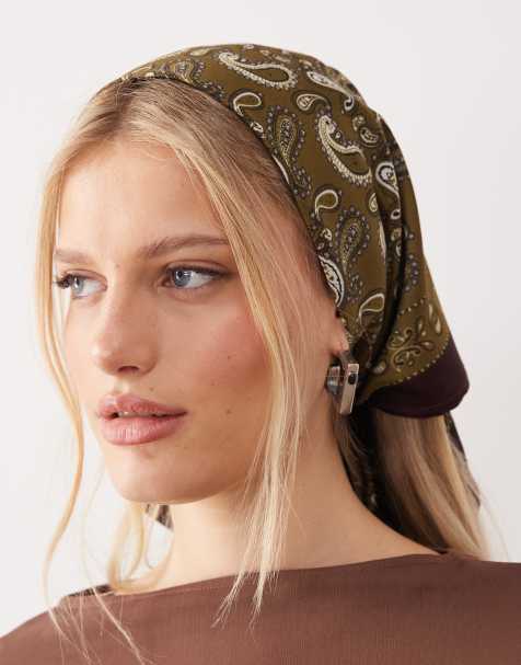 ASOS DESIGN bandana print headscarf in green & chocolate - view 1
