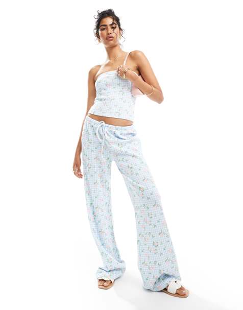 ASOS DESIGN bandeau and wide leg trouser or skirt co-ord in floral gingham print - MULTI - view 1