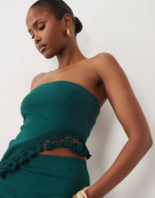 ASOS DESIGN - Bandeau asymétrique d'ensemble en tissu texturé froissé à franges - Sarcelle, 3 de 4