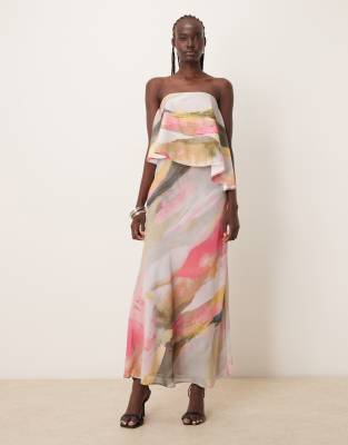 asos ASOS DESIGN bandeau asymmetric contrast fabric bias maxi dress in brushstroke print