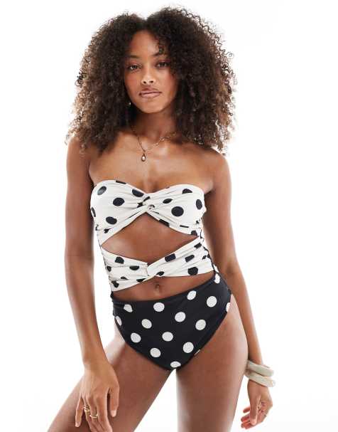 ASOS DESIGN - Bandeau badpak met gedraaide voorkant in stippen - view 1