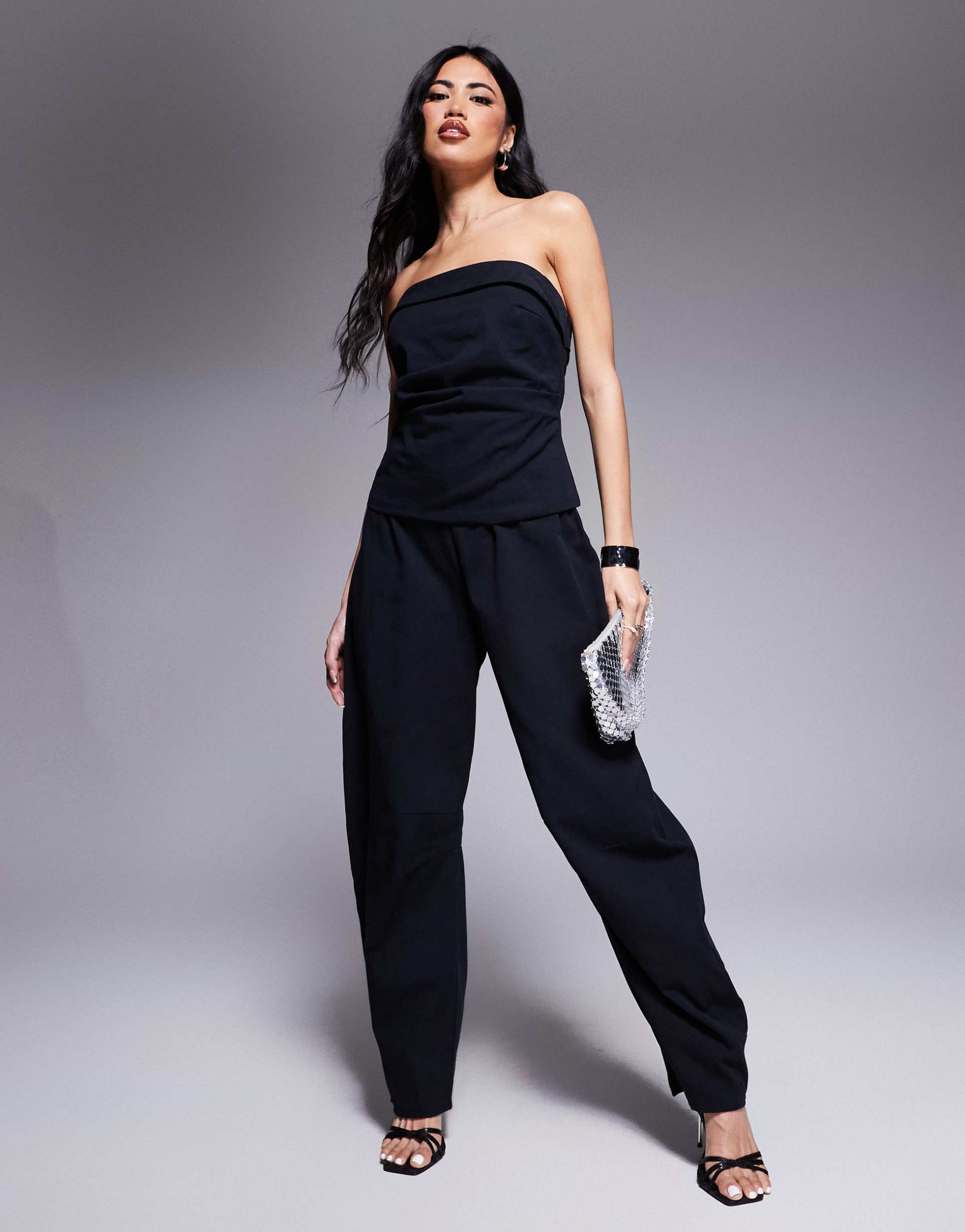 asos design bandeau barrel leg jumpsuit in black