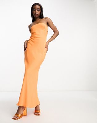 ASOS DESIGN bandeau bias maxi dress with cowl back and tie detail in bright orange | ASOS
