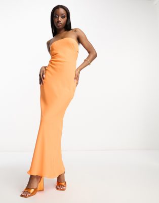 ASOS DESIGN bandeau bias maxi dress with cowl back and tie detail in bright orange Smart Closet