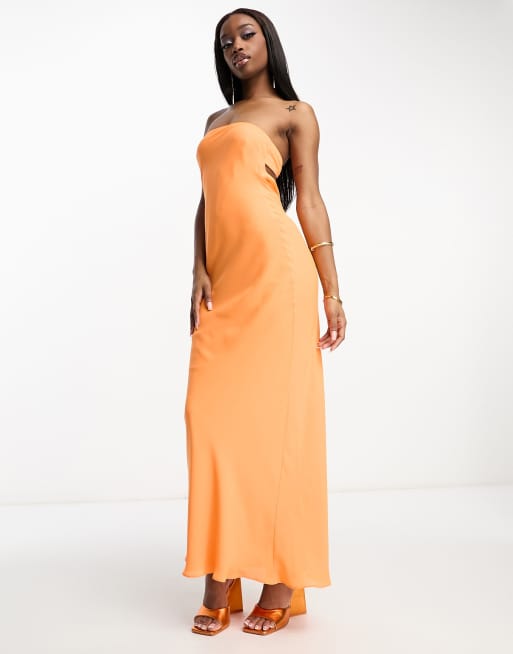 ASOS DESIGN bandeau bias maxi dress with cowl back and tie detail in bright  orange