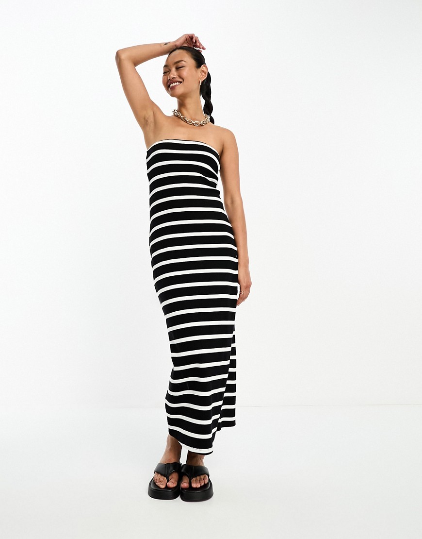 Asos Design Bandeau Body-conscious Midi Dress In Mono Stripe-multi