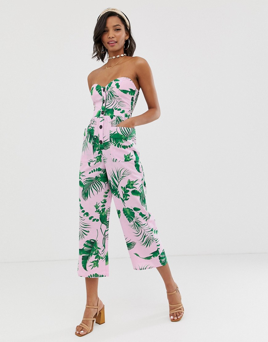 ASOS DESIGN bandeau button front jumpsuit with pockets in tropical print-Multi