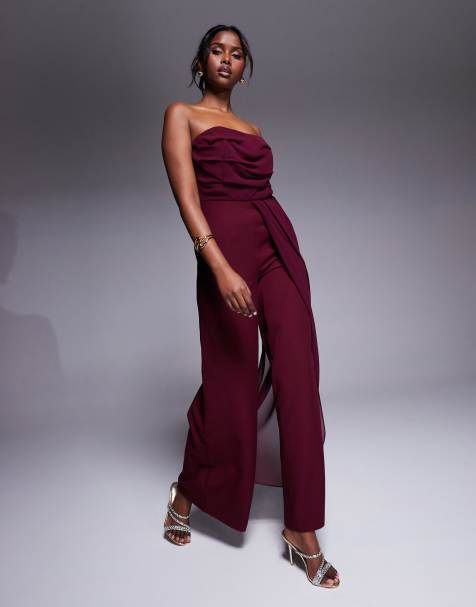 ASOS DESIGN bandeau chiffon bodice tailored trouser jumpsuit in burgundy - view 1