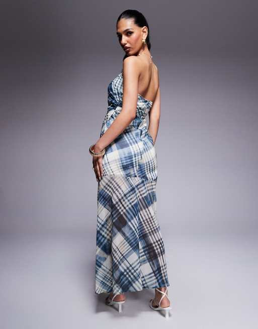 ASOS Design bandeau chiffon maxi dress in blue plaid-Multi