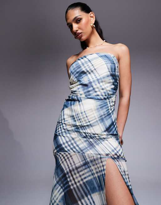 ASOS DESIGN bandeau chiffon maxi dress in blue plaid