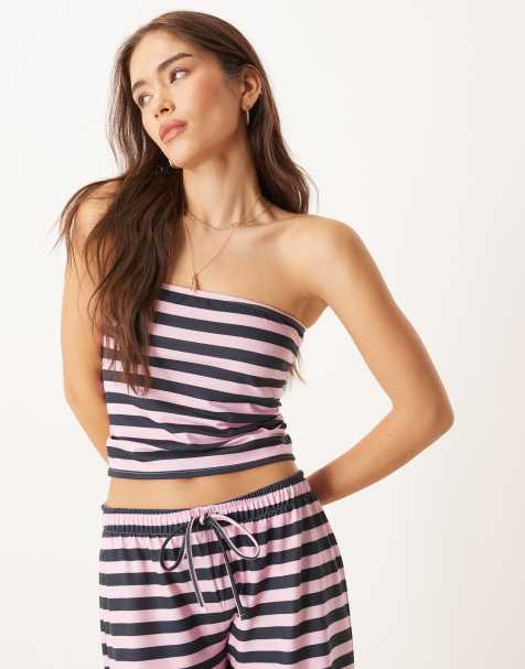 ASOS DESIGN bandeau co-ord in navy and pink stripe - view 1