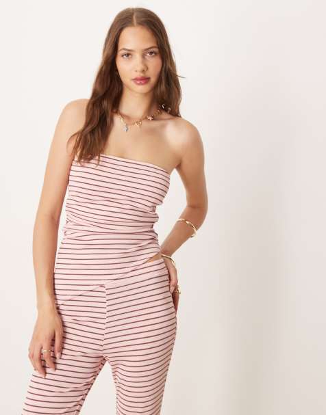 ASOS DESIGN bandeau co-ord in pink and choc stripe - view 1